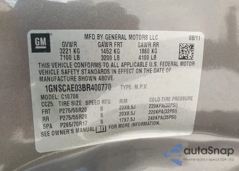 2011 Chevrolet Tahoe Ls z USA, uszkodzony, nr VIN 1GNSCAE03BR400770